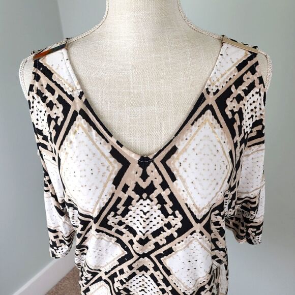 INC Cold Shoulder Gold Embellishments V Neck And Back Top Size Medium Petite - Picture 2 of 6